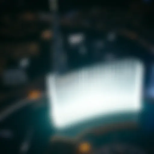 Aerial view of the Burj Khalifa Fountain illuminated at night