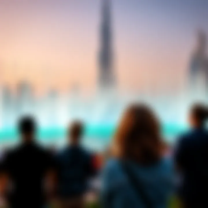 Spectators Enjoying the Fountain Show Spectators enjoying the fountain show with Burj Khalifa in the background