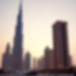 Stunning view of the Burj Khalifa towering over the Dubai skyline at sunset