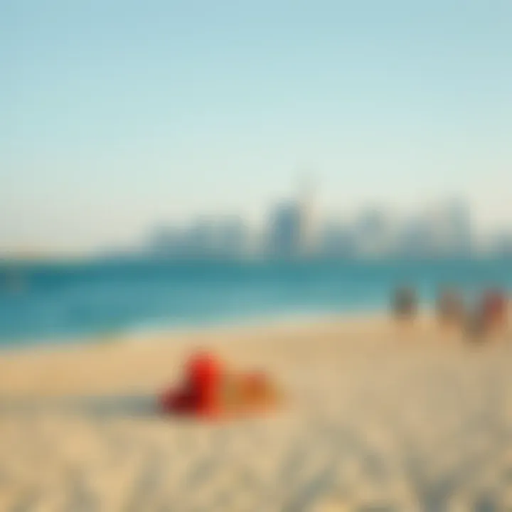 Visitors enjoying leisure activities on the open beach with Dubai's skyline in the background