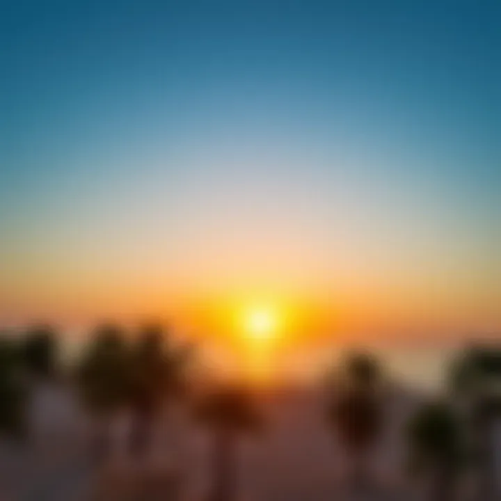 Sunset over Al Shatti Al Miftah, illuminating the beach and surrounding palm trees