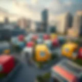 Aerial view of a vibrant box park showcasing modular structures in an urban setting