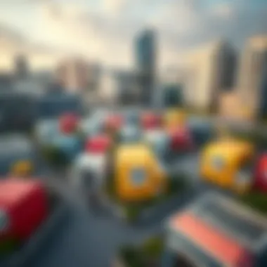 Aerial view of a vibrant box park showcasing modular structures in an urban setting