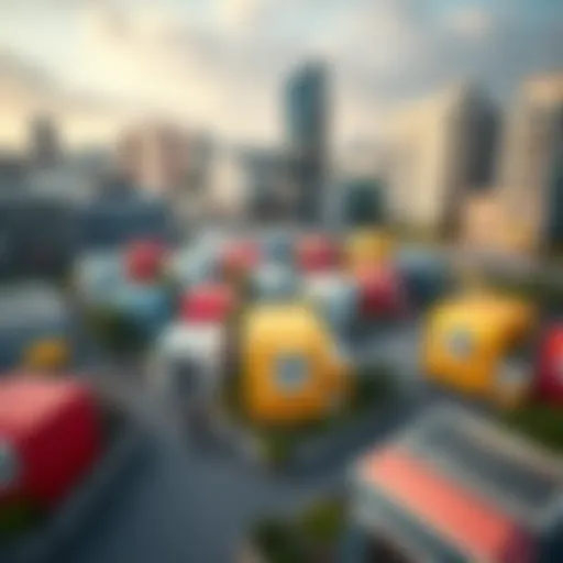 Aerial view of a vibrant box park showcasing modular structures in an urban setting