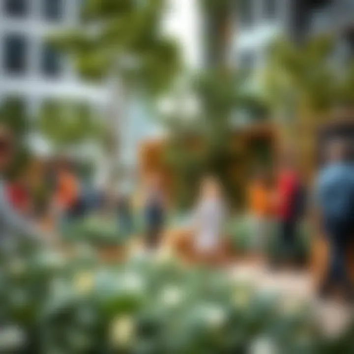 Community members engaging in activities within a box park, illustrating social interaction