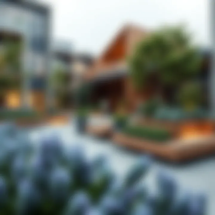 Architectural design elements of a box park highlighting sustainability features