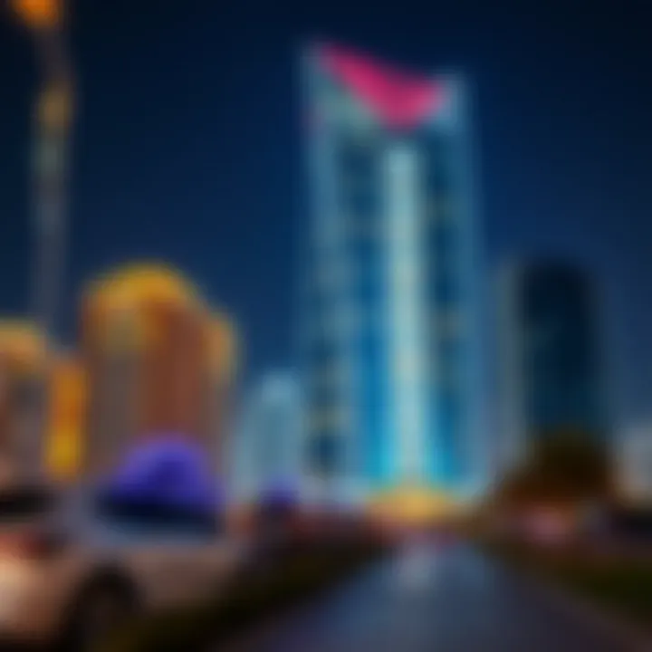 A breathtaking view of One Tower Barsha Heights illuminated at night