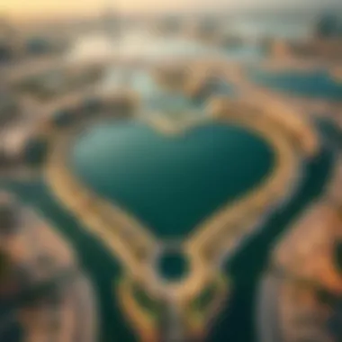 Aerial Perspective of Qudra Love Lake Aerial view of Qudra Love Lake showcasing its unique shape