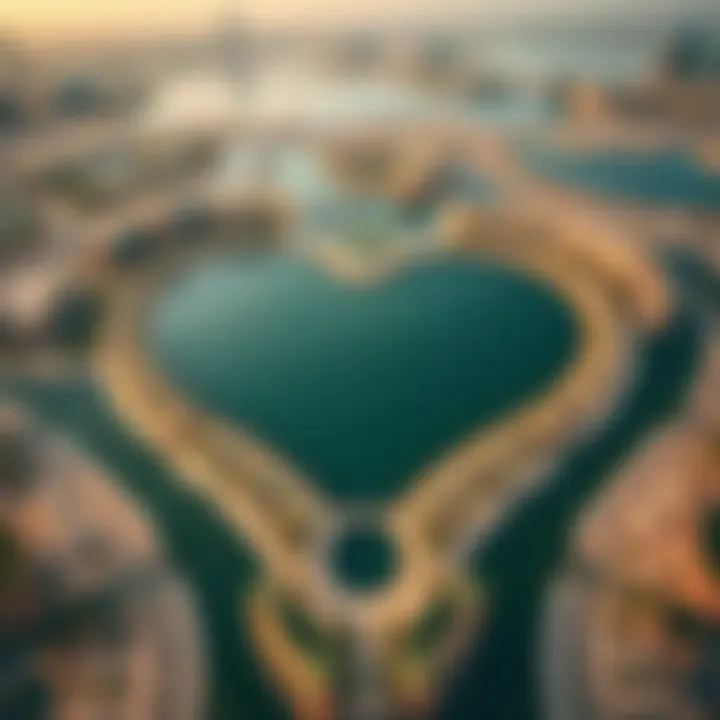 Aerial Perspective of Qudra Love Lake Aerial view of Qudra Love Lake showcasing its unique shape