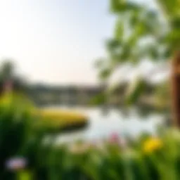 A serene view of Qudra Love Lake surrounded by lush greenery