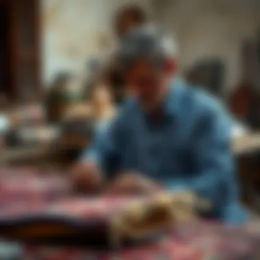 Artisan Craftsmanship in Carpet Making Artisan crafting a traditional carpet