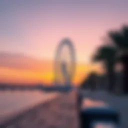 A panoramic view of the Dubai Eye against the sunset.