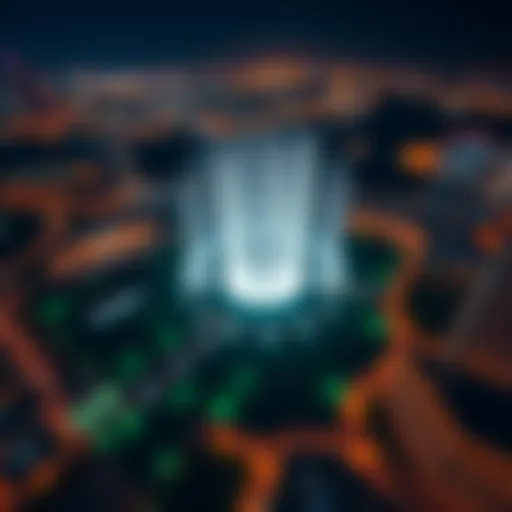 Aerial View of the Dubai Fountain Show Stunning aerial view of the Dubai Fountain Show at night