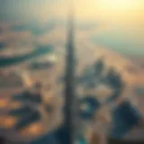 Aerial view showcasing the Burj Khalifa with its iconic height
