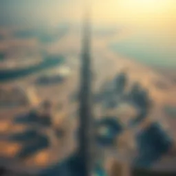 Aerial view showcasing the Burj Khalifa with its iconic height