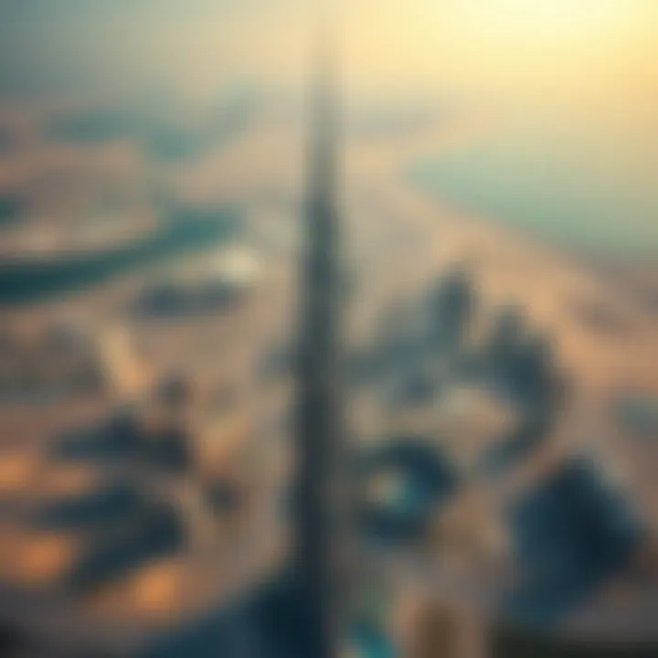 Aerial view showcasing the Burj Khalifa with its iconic height