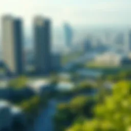 A panoramic view of a thriving eco-city with lush green parks and sustainable architecture