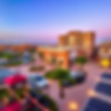 An aerial shot of the local amenities in Layan, highlighting parks, shops, and recreational facilities