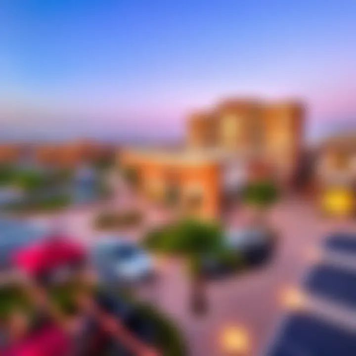 An aerial shot of the local amenities in Layan, highlighting parks, shops, and recreational facilities