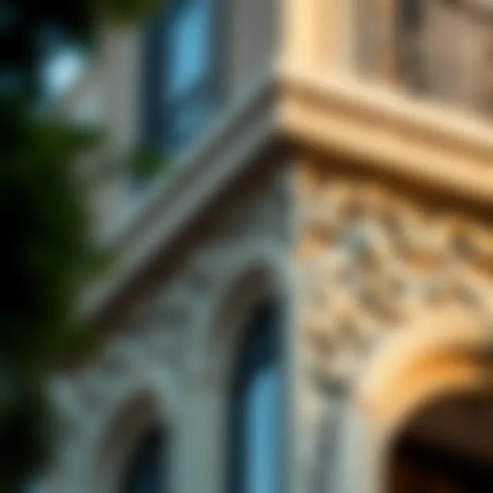 Architectural Details of the Meera Building Close-up detail of the Meera Building's facade highlighting its intricate features