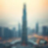 Stunning view of Prism Tower against the Dubai skyline