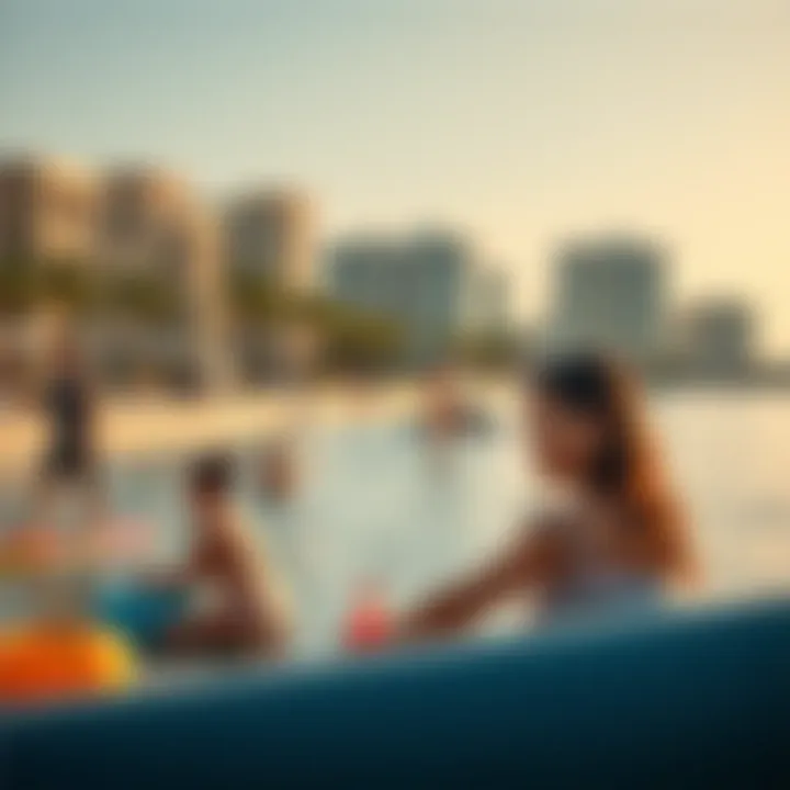 Vibrant lifestyle scene depicting residents enjoying leisure activities by the water