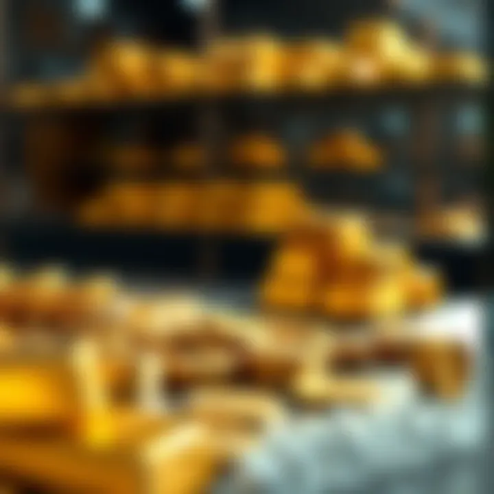 Gold bullion and coins arranged for sale