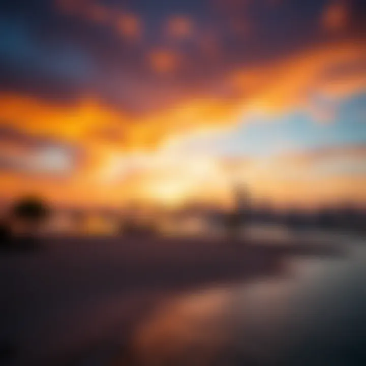 Vibrant sunset illuminating the skyline of Dubai from the scenic vantage point of Jumeirah Bay Island