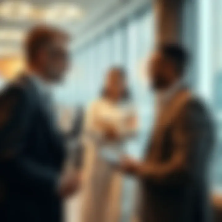 Business professionals discussing opportunities in a modern office setting