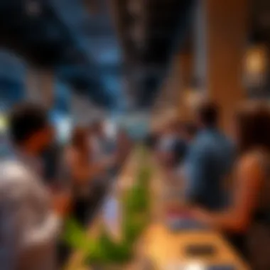 Networking event for expatriates with professionals exchanging ideas in a vibrant setting
