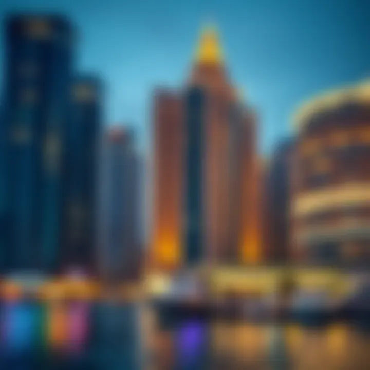 A vibrant evening scene of Dubai Marina with illuminated buildings