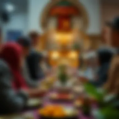 A diverse group of individuals enjoying Iftar together in a communal setting