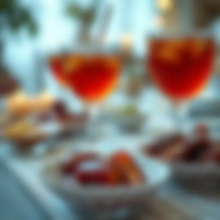 A close-up of dates and refreshing beverages traditionally served during Iftar