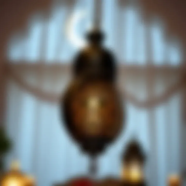 An intricate lantern and crescent moon decoration symbolizing Ramadan