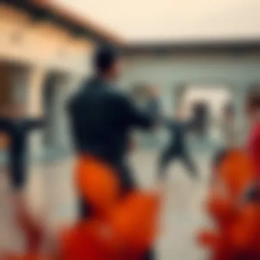 Group of individuals practicing martial arts forms in a serene environment.