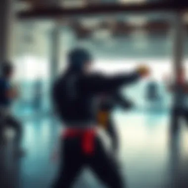 Participants engaged in a sparring match during a self-defense class.