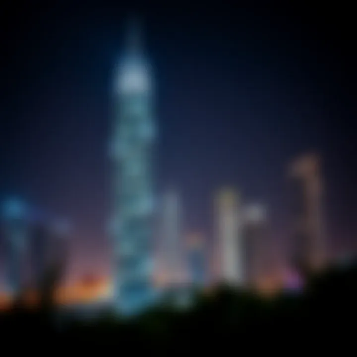 Night view of Silver Tower illuminated against the Dubai skyline