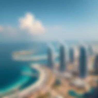 A panoramic view of Dubai's coastline featuring sea towers