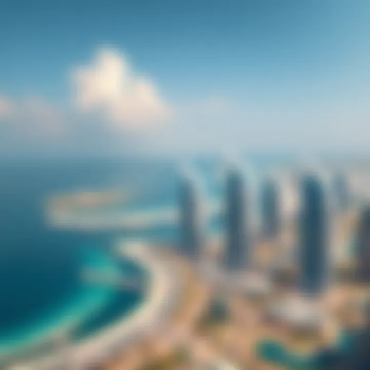 A panoramic view of Dubai's coastline featuring sea towers