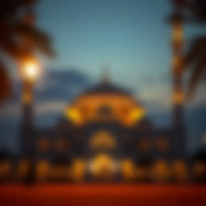 Illuminated Mosque at Twilight A serene mosque illuminated at twilight with prayer call