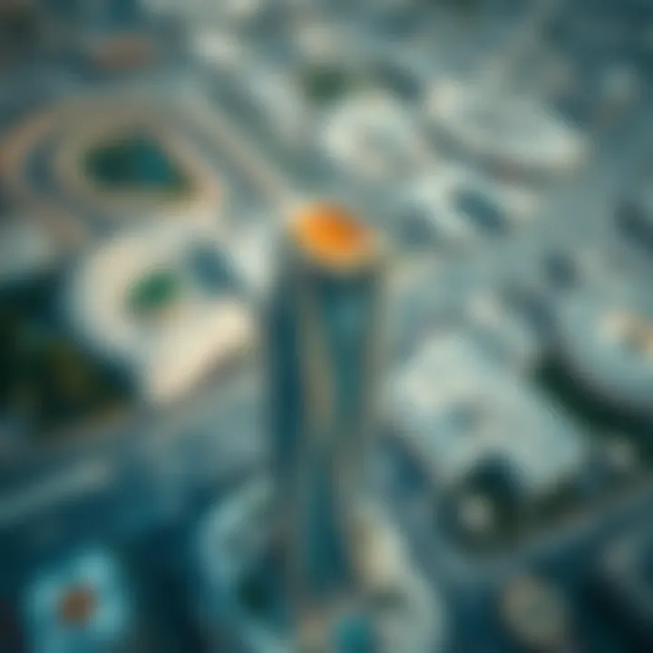 Aerial View of the Single Business Tower Aerial view of the Single Business Tower showcasing its unique architectural design