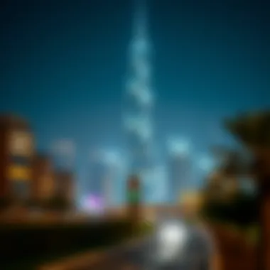 Illuminated Single Business Tower at Night Nighttime view of the Single Business Tower illuminated, emphasizing its prominence in the Dubai skyline