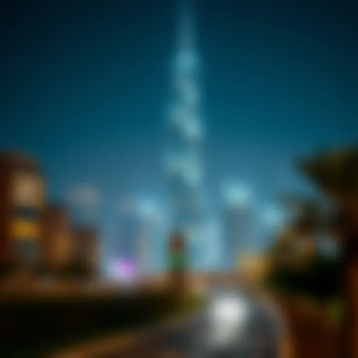 Illuminated Single Business Tower at Night Nighttime view of the Single Business Tower illuminated, emphasizing its prominence in the Dubai skyline