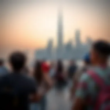 Tourism and the Dubai Skyline Tourists enjoying the iconic Dubai skyline.