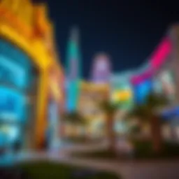 Vibrant view of Dubai Mall at night, showcasing its architectural beauty