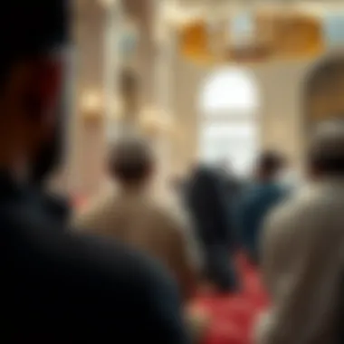 A diverse group of individuals observing prayer