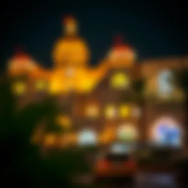 Nighttime view of Wafi illuminated, showcasing its vibrant atmosphere